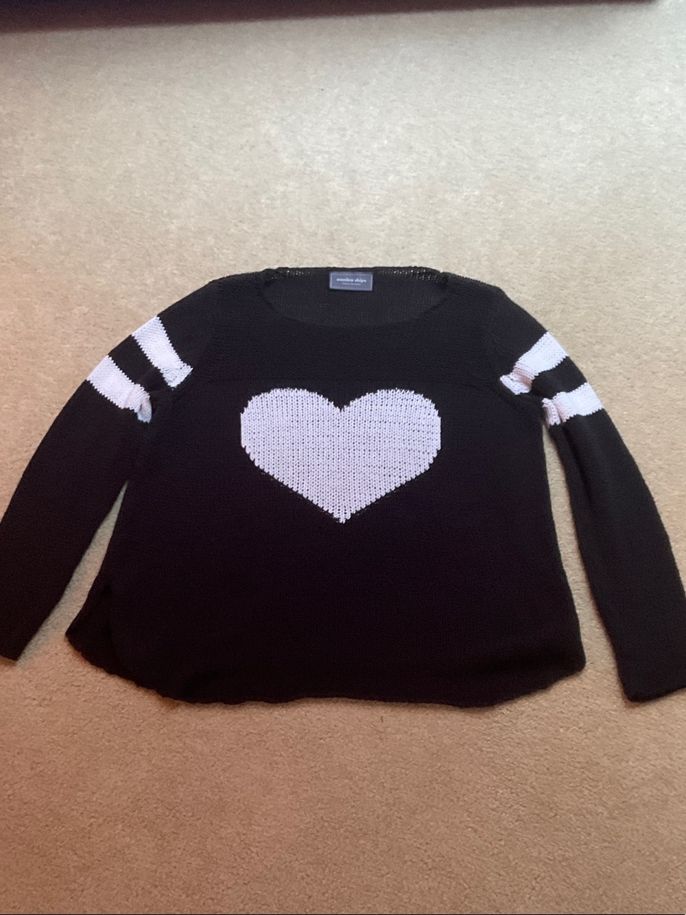 Wooden Ships Black Sweater with White Heart and Sleeve Stripes